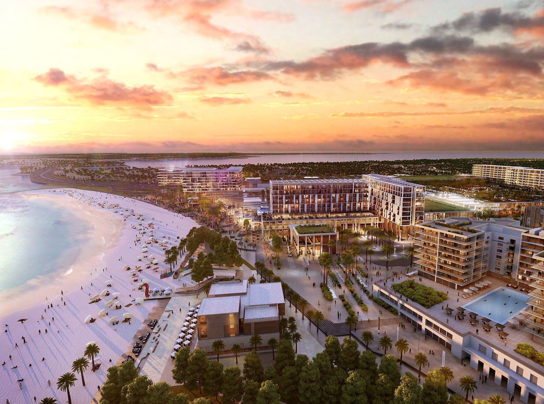 Aerial view of Marassi Al Bahrain waterfront at sunset