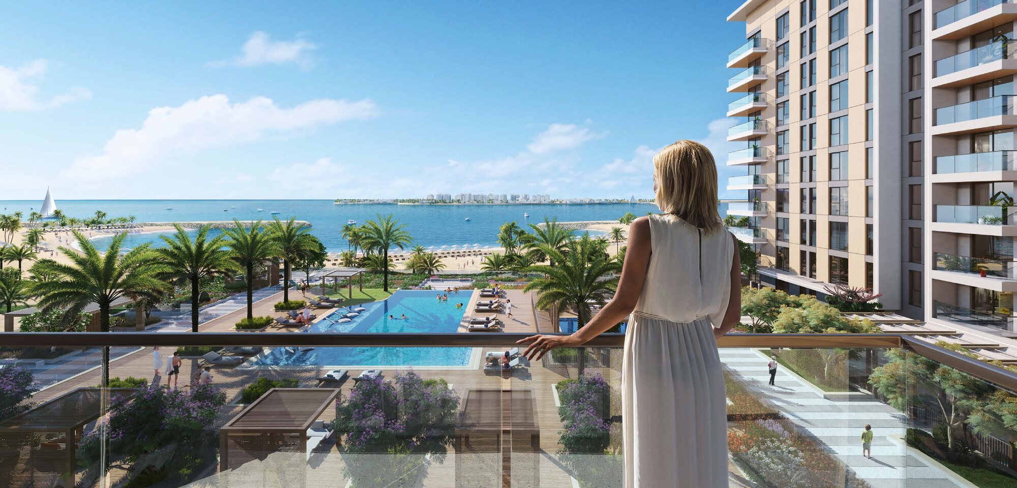 A Marassi Bay balcony overlooking the infinity pool and the sea